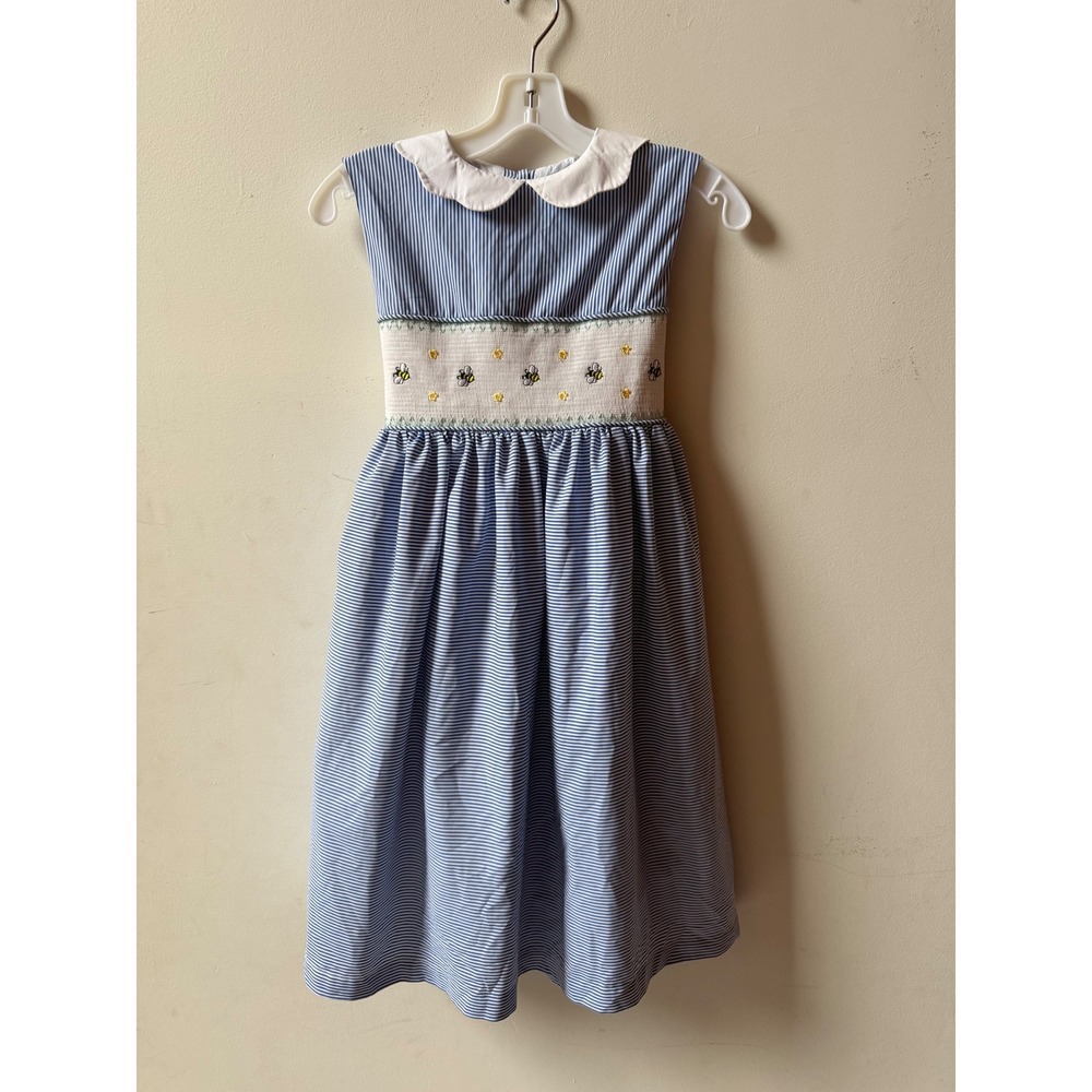 Pettigirl Girls Blue White Striped Smocked Bee Peter Pan Collar Dress Size 12